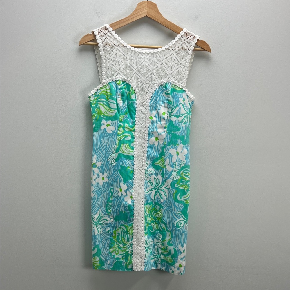 Lilly Pulitzer Sofia Shift Dress Lagoon Green Blue White Lace Womens 00 New NWOT
